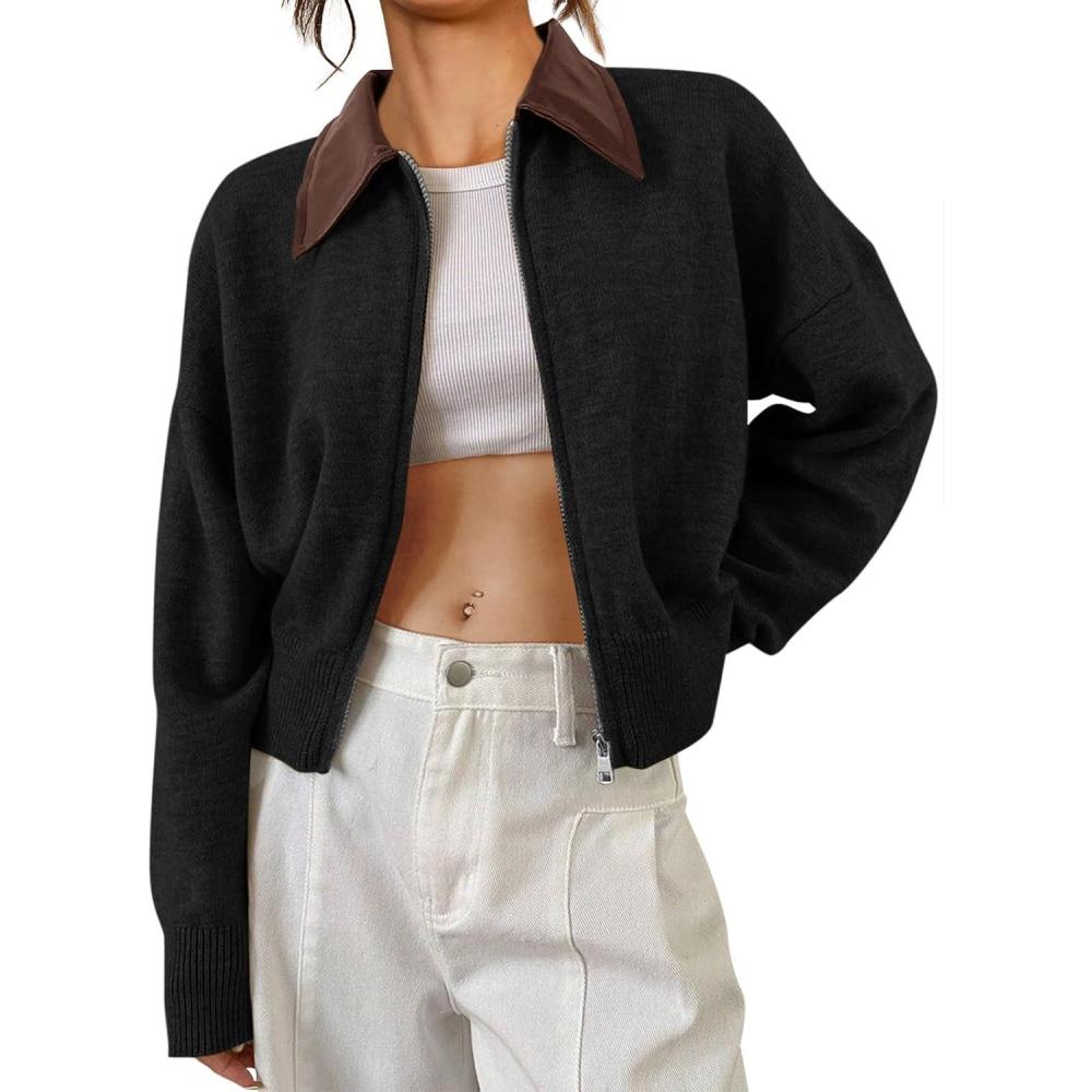 imageSaodimallsu Womens Zip Up Barn Jacket Cropped Faux Leather Collared Open Front Long Sleeve Fall Cardigan SweatersBlack