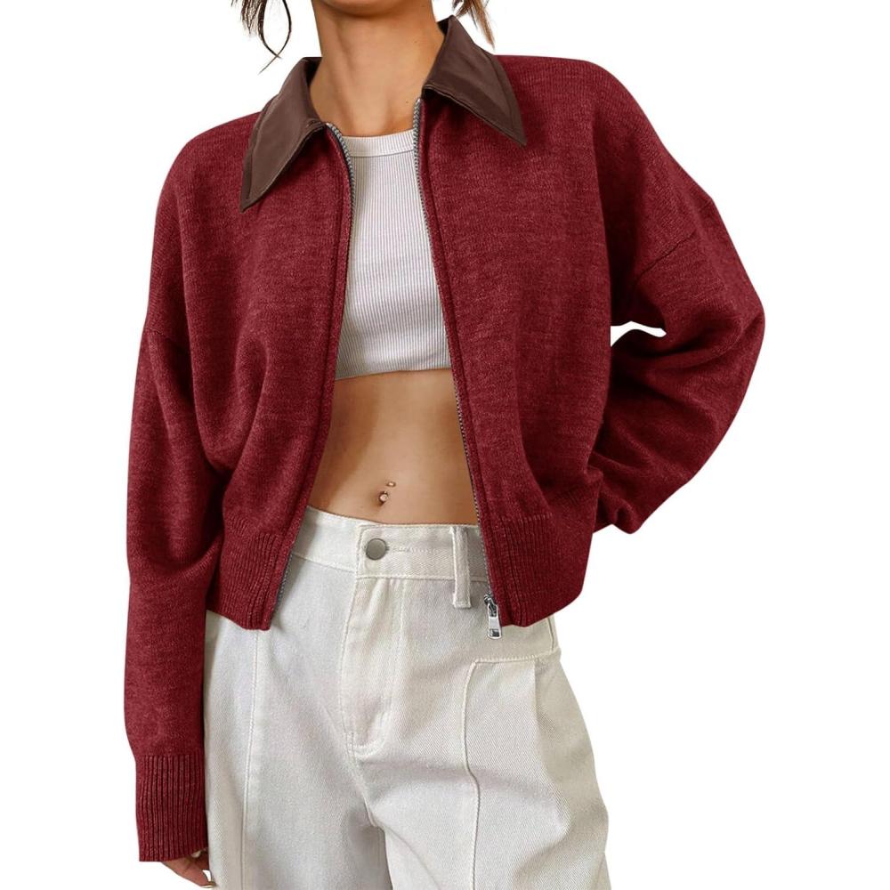 imageSaodimallsu Womens Zip Up Barn Jacket Cropped Faux Leather Collared Open Front Long Sleeve Fall Cardigan SweatersBurgundy