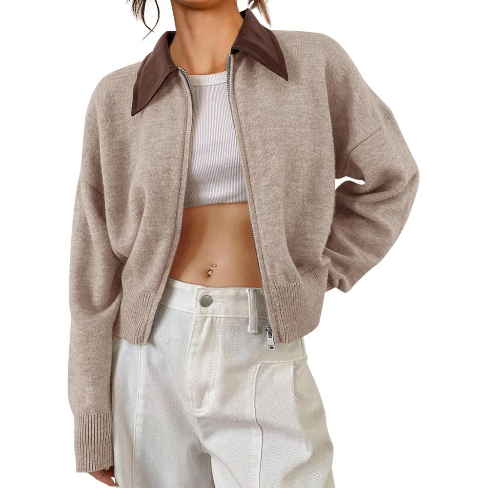 imageSaodimallsu Womens Zip Up Barn Jacket Cropped Faux Leather Collared Open Front Long Sleeve Fall Cardigan SweatersKhaki