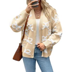 Saodimallsu Womens Bow Cardigan Sweaters Button Up Chunky Knit Loose Fit Fall Winter Sweater Coats with Pockets(Light Khaki)