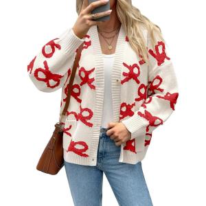 Saodimallsu Womens Bow Cardigan Sweaters Button Up Chunky Knit Loose Fit Fall Winter Sweater Coats with Pockets(Red)