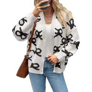 Saodimallsu Womens Bow Cardigan Sweaters Button Up Chunky Knit Loose Fit Fall Winter Sweater Coats with Pockets(White)