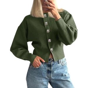 Saodimallsu Womens Button Up Cardigan Sweaters Fall Trendy Long Lantern Sleeve Knit Crew Neck Sweater Jacket(Army Green)
