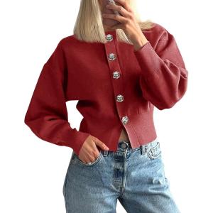 Saodimallsu Womens Button Up Cardigan Sweaters Fall Trendy Long Lantern Sleeve Knit Crew Neck Sweater Jacket(Burgundy)
