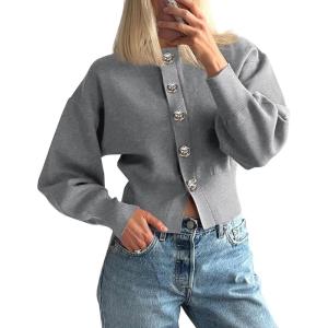 Saodimallsu Womens Button Up Cardigan Sweaters Fall Trendy Long Lantern Sleeve Knit Crew Neck Sweater Jacket(Grey)
