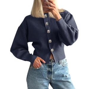 Saodimallsu Womens Button Up Cardigan Sweaters Fall Trendy Long Lantern Sleeve Knit Crew Neck Sweater Jacket(Navy)