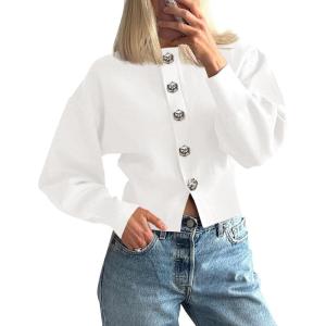 Saodimallsu Womens Button Up Cardigan Sweaters Fall Trendy Long Lantern Sleeve Knit Crew Neck Sweater Jacket(White)
