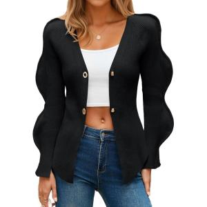 Saodimallsu Womens Button Up Cardigans V Neck Ribbed Knit Fitted Sweaters Long Sleeve Trendy Split Going Out Tops(Black)