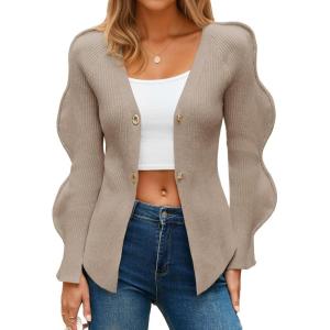 Saodimallsu Womens Button Up Cardigans V Neck Ribbed Knit Fitted Sweaters Long Sleeve Trendy Split Going Out Tops(Khaki)