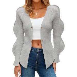 Saodimallsu Womens Button Up Cardigans V Neck Ribbed Knit Fitted Sweaters Long Sleeve Trendy Split Going Out Tops(Light Grey)