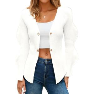Saodimallsu Womens Button Up Cardigans V Neck Ribbed Knit Fitted Sweaters Long Sleeve Trendy Split Going Out Tops(White)