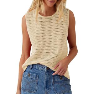 Saodimallsu Womens Crochet Tank Tops Summer Sleeveless Crew Neck Basic Mesh Knit Loose Pullover Sweater Vest(Khaki)