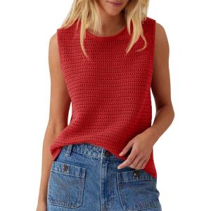 Saodimallsu Womens Crochet Tank Tops Summer Sleeveless Crew Neck Basic Mesh Knit Loose Pullover Sweater Vest(Red)