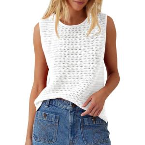Saodimallsu Womens Crochet Tank Tops Summer Sleeveless Crew Neck Basic Mesh Knit Loose Pullover Sweater Vest(White)