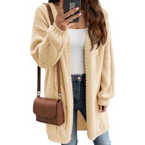 Saodimallsu Womens Fall Cable Long Cardigans Lantern Sleeve Knit Open Front Chunky Loose Fit Sweater Coats(Beige)