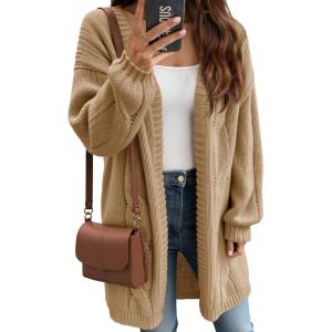 Saodimallsu Womens Fall Cable Long Cardigans Lantern Sleeve Knit Open Front Chunky Loose Fit Sweater Coats(Khaki)