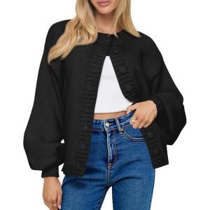 Saodimallsu Womens Long Sleeve Button Down Cardigan Sweaters Crew Neck Open Front Knit Casual Loose Fit Fall Sweater Coat(Black)