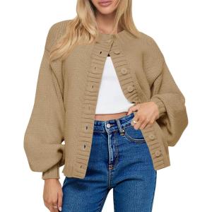 Saodimallsu Womens Long Sleeve Button Down Cardigan Sweaters Crew Neck Open Front Knit Casual Loose Fit Fall Sweater Coat(Khaki)