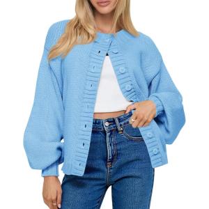 Saodimallsu Womens Long Sleeve Button Down Cardigan Sweaters Crew Neck Open Front Knit Casual Loose Fit Fall Sweater Coat(Light Blue)