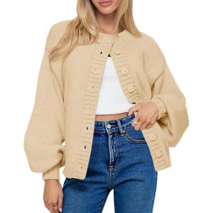Saodimallsu Womens Long Sleeve Button Down Cardigan Sweaters Crew Neck Open Front Knit Casual Loose Fit Fall Sweater Coat(Light Khaki)