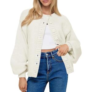 Saodimallsu Womens Long Sleeve Button Down Cardigan Sweaters Crew Neck Open Front Knit Casual Loose Fit Fall Sweater Coat(White)