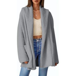 Saodimallsu Womens Open Front Knit Cardigans Oversized 2025 Fall Lapel Hooded Long Sweater Coats with Pockets(Grey)
