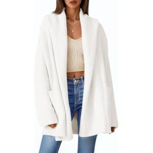 Saodimallsu Womens Open Front Knit Cardigans Oversized 2025 Fall Lapel Hooded Long Sweater Coats with Pockets(White)
