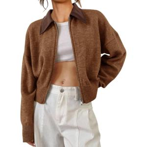 Saodimallsu Womens Zip Up Barn Jacket Cropped Faux Leather Collared Open Front Long Sleeve Fall Cardigan Sweaters(Brown)