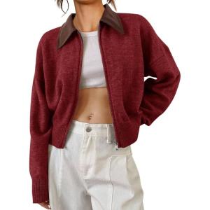 Saodimallsu Womens Zip Up Barn Jacket Cropped Faux Leather Collared Open Front Long Sleeve Fall Cardigan Sweaters(Burgundy)
