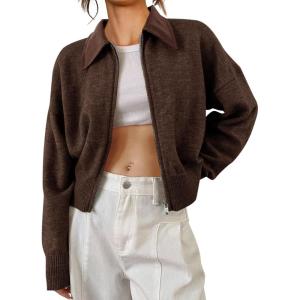 Saodimallsu Womens Zip Up Barn Jacket Cropped Faux Leather Collared Open Front Long Sleeve Fall Cardigan Sweaters(Coffee)