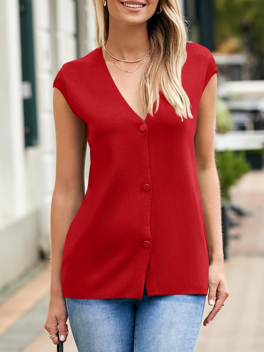 imageSaodimallsu Womens Deep V Neck Sweater Vest Sleeveless Knit Button Up Loose Fit Cap Sleeve Trendy Summer TopsRed