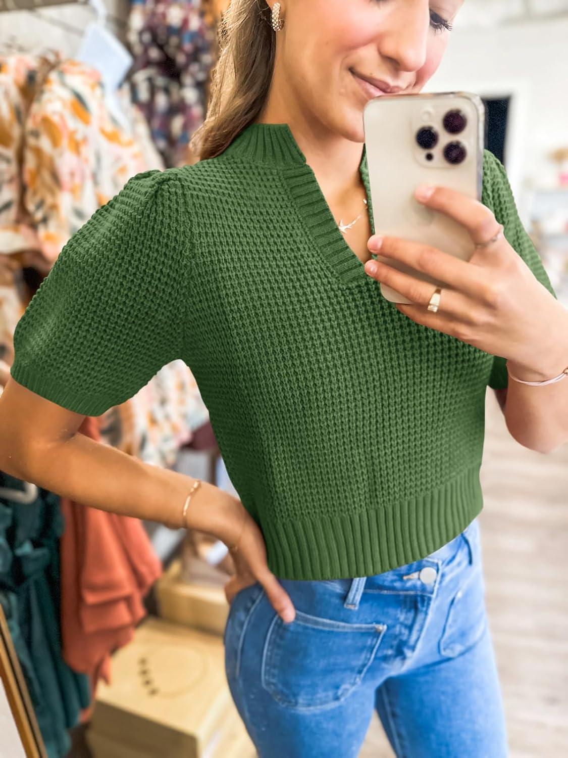 imageSaodimallsu Womens Puff Short Sleeve Sweater Top Waffle Knit V Neck Spring Summer Cropped Trendy Cute Shirts BlousesArmy Green