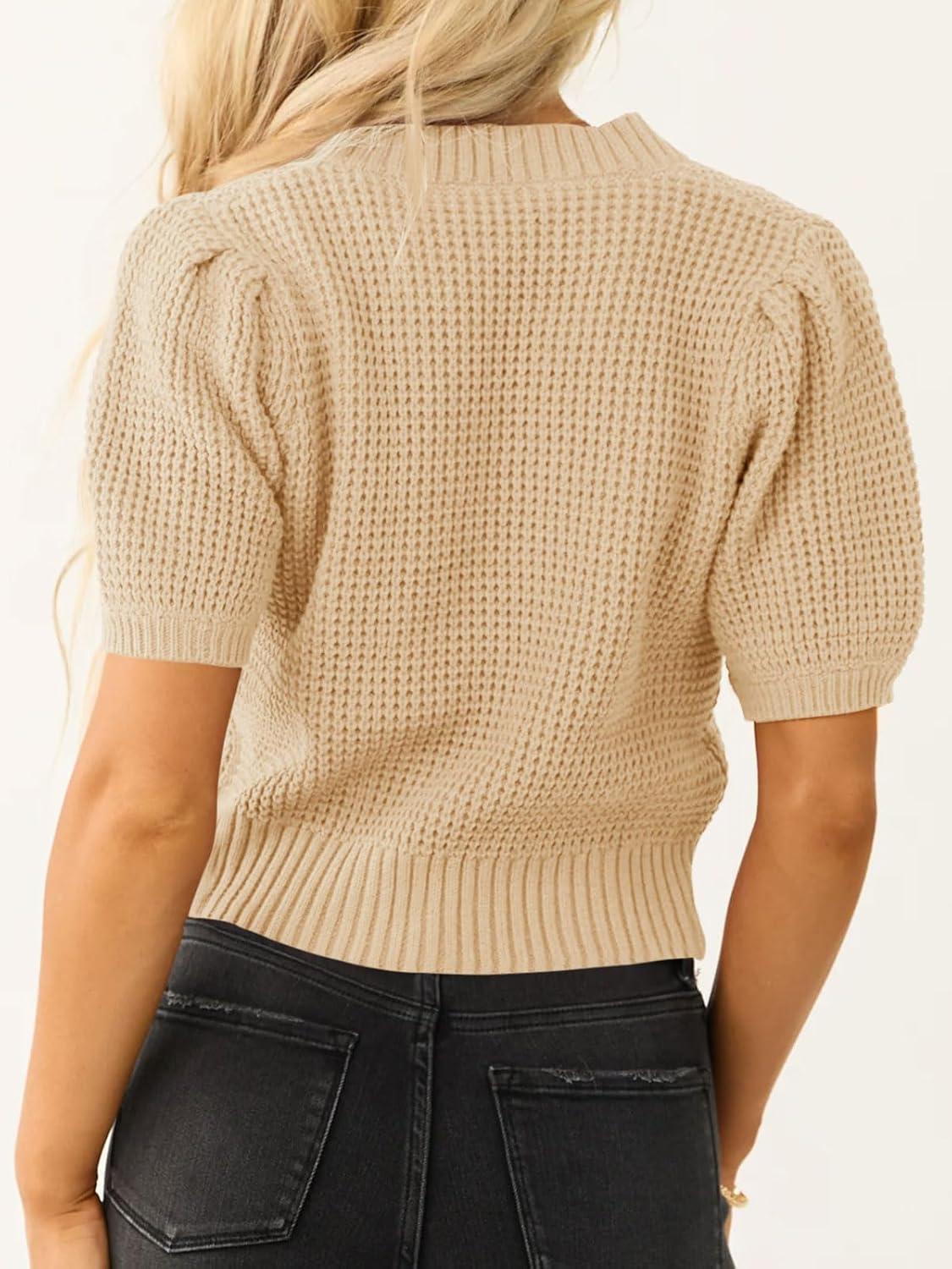 imageSaodimallsu Womens Puff Short Sleeve Sweater Top Waffle Knit V Neck Spring Summer Cropped Trendy Cute Shirts BlousesBeige