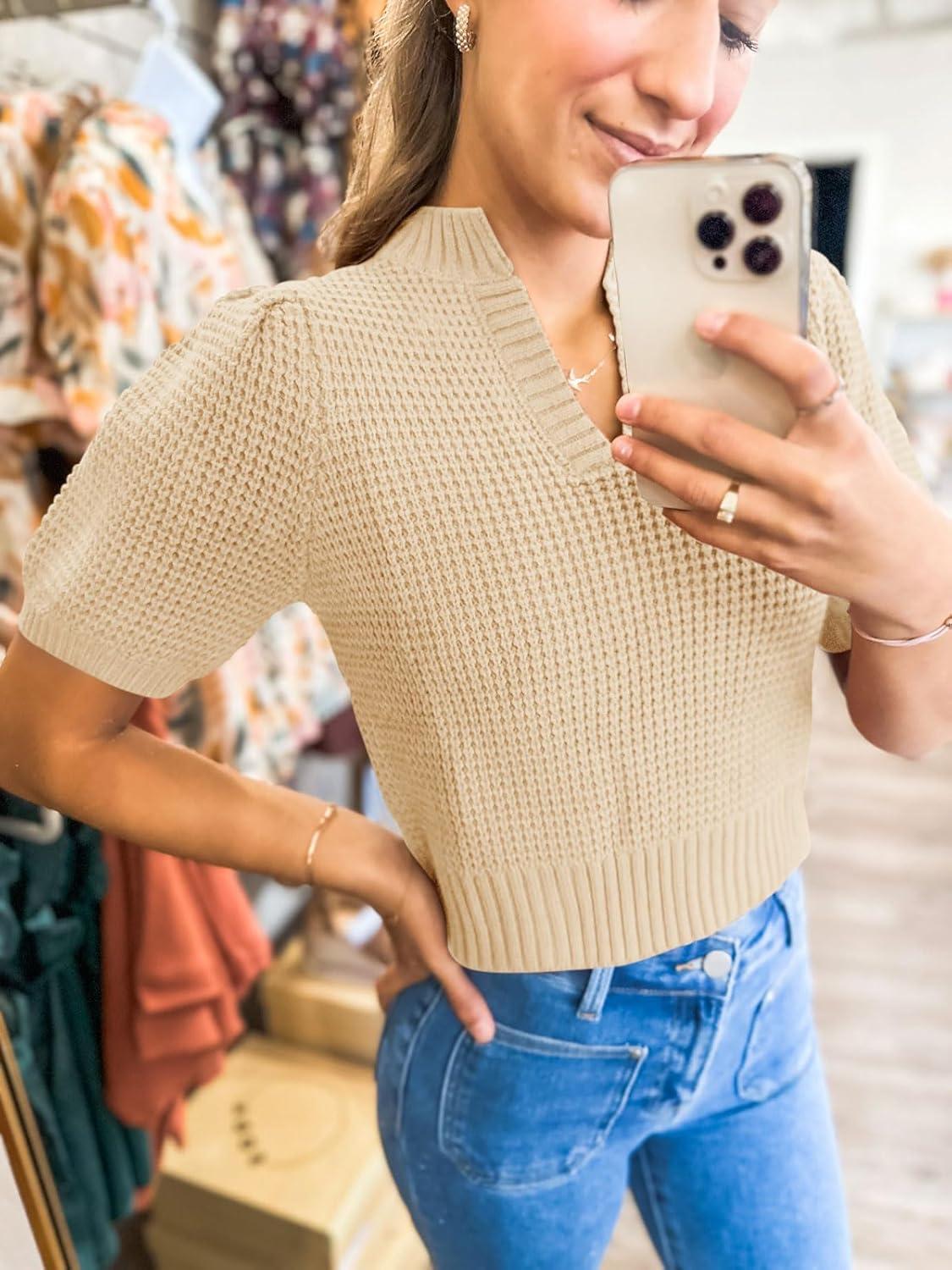 imageSaodimallsu Womens Puff Short Sleeve Sweater Top Waffle Knit V Neck Spring Summer Cropped Trendy Cute Shirts BlousesBeige