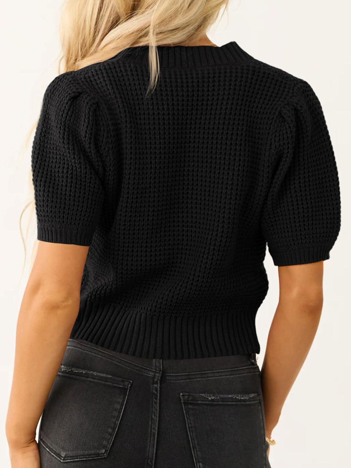 imageSaodimallsu Womens Puff Short Sleeve Sweater Top Waffle Knit V Neck Spring Summer Cropped Trendy Cute Shirts BlousesBlack