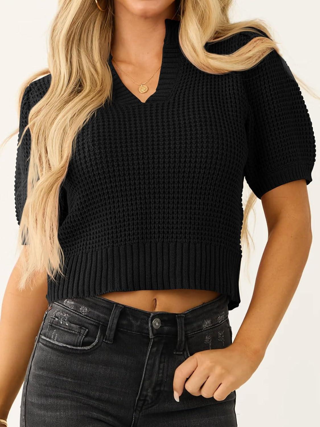 imageSaodimallsu Womens Puff Short Sleeve Sweater Top Waffle Knit V Neck Spring Summer Cropped Trendy Cute Shirts BlousesBlack