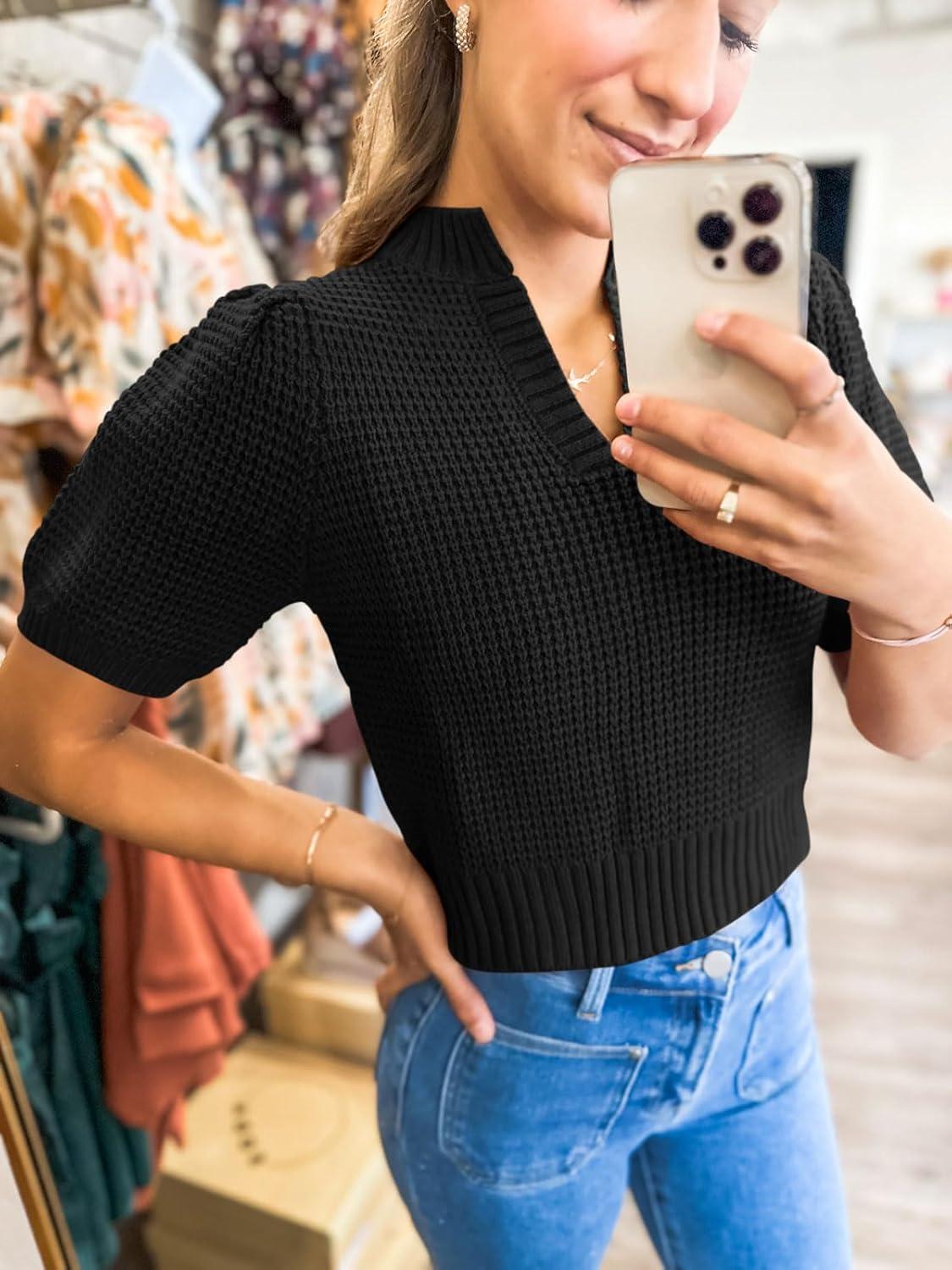 imageSaodimallsu Womens Puff Short Sleeve Sweater Top Waffle Knit V Neck Spring Summer Cropped Trendy Cute Shirts BlousesBlack