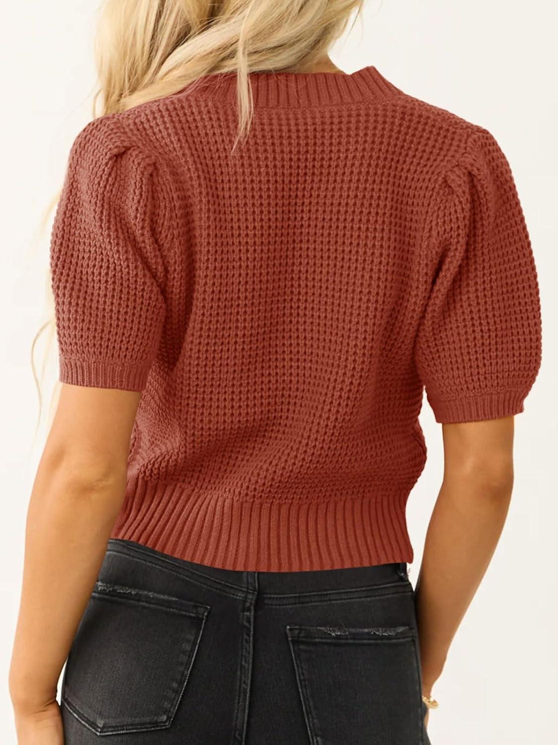 imageSaodimallsu Womens Puff Short Sleeve Sweater Top Waffle Knit V Neck Spring Summer Cropped Trendy Cute Shirts BlousesBrick Red