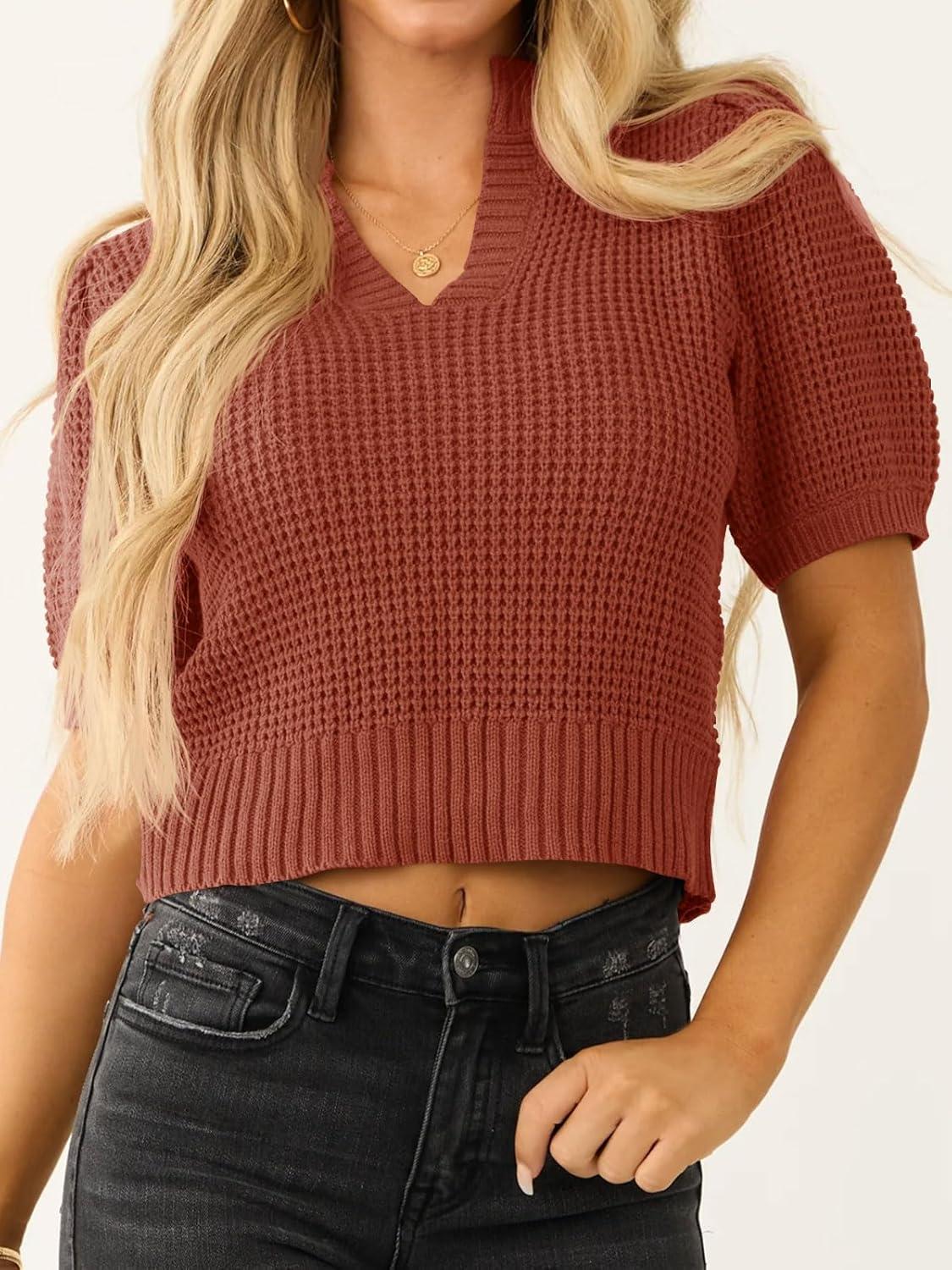 imageSaodimallsu Womens Puff Short Sleeve Sweater Top Waffle Knit V Neck Spring Summer Cropped Trendy Cute Shirts BlousesBrick Red
