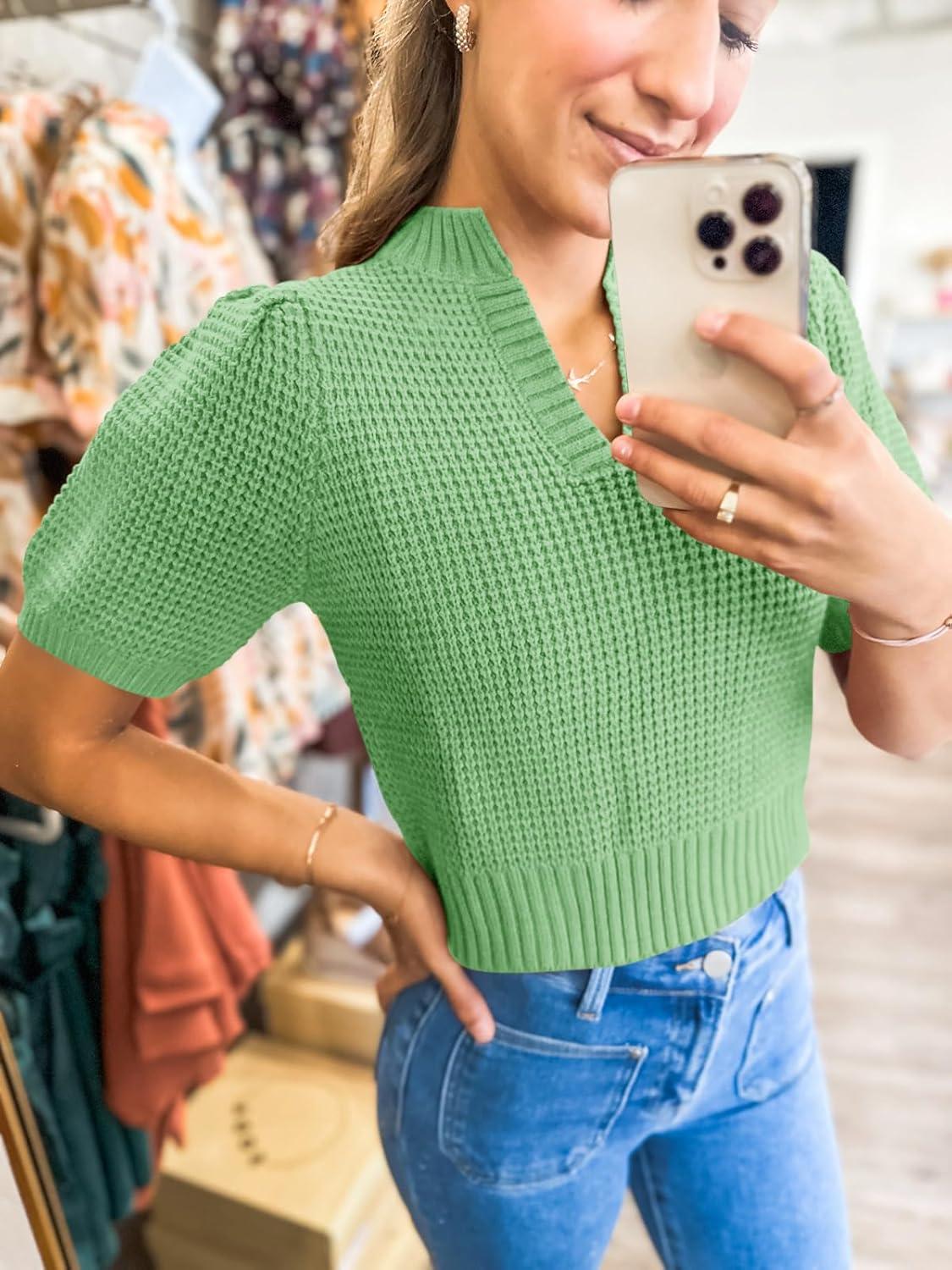 imageSaodimallsu Womens Puff Short Sleeve Sweater Top Waffle Knit V Neck Spring Summer Cropped Trendy Cute Shirts BlousesGreen