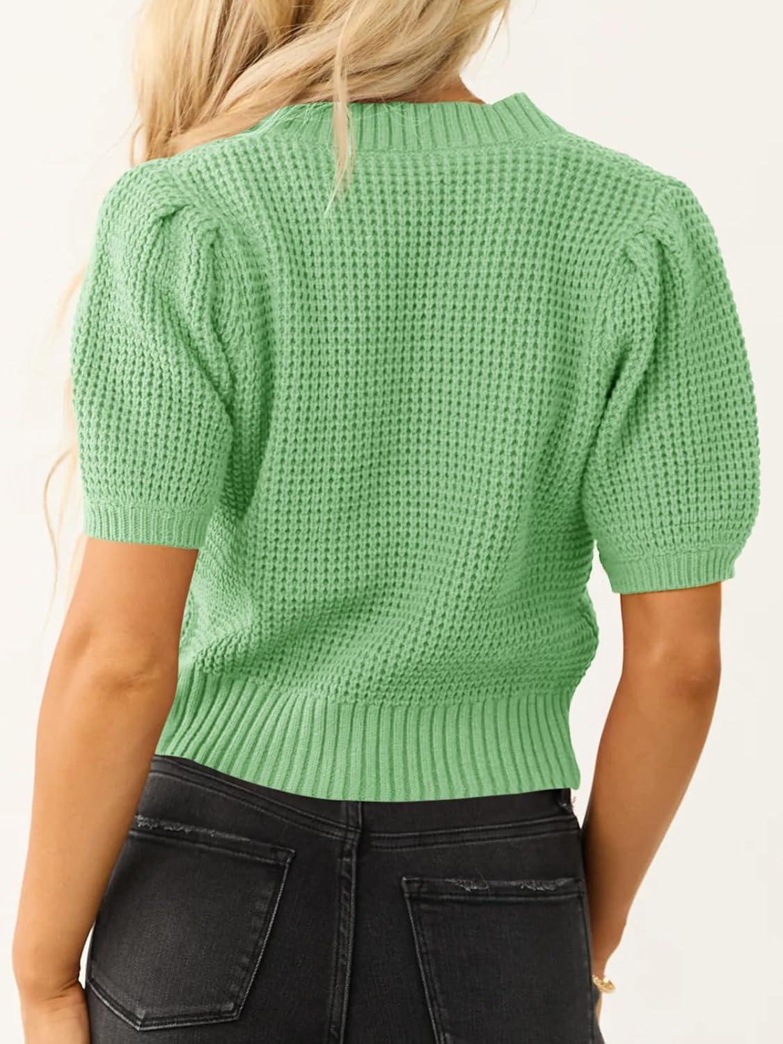 imageSaodimallsu Womens Puff Short Sleeve Sweater Top Waffle Knit V Neck Spring Summer Cropped Trendy Cute Shirts BlousesGreen