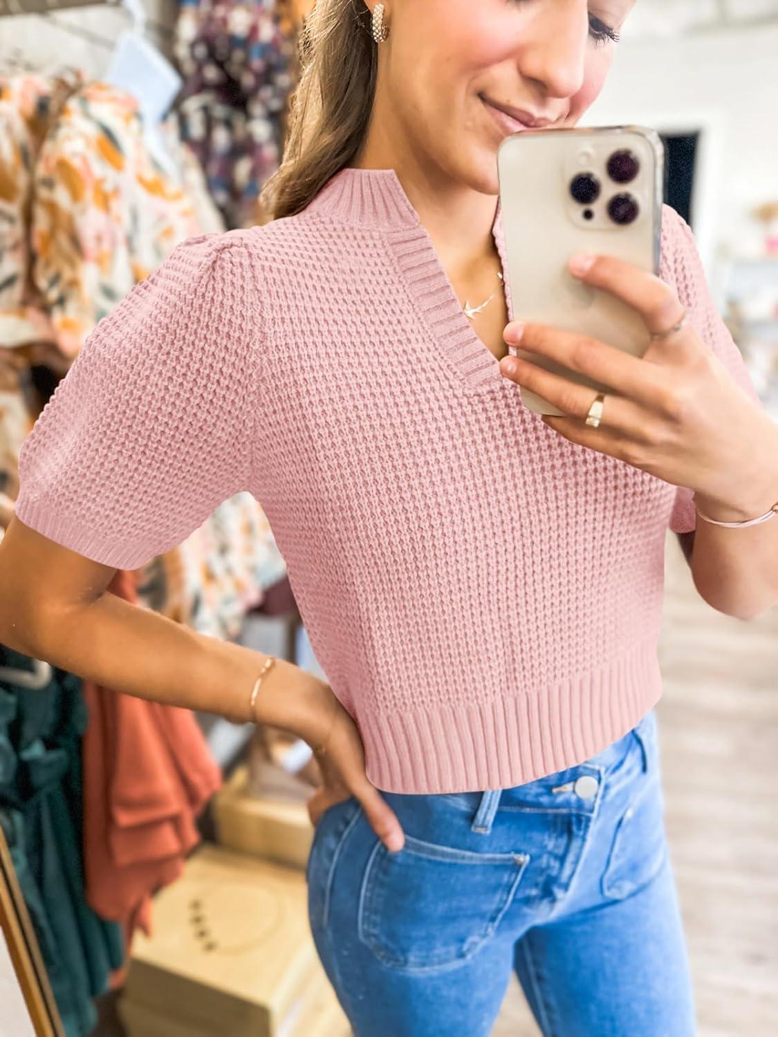 imageSaodimallsu Womens Puff Short Sleeve Sweater Top Waffle Knit V Neck Spring Summer Cropped Trendy Cute Shirts BlousesLight Pink