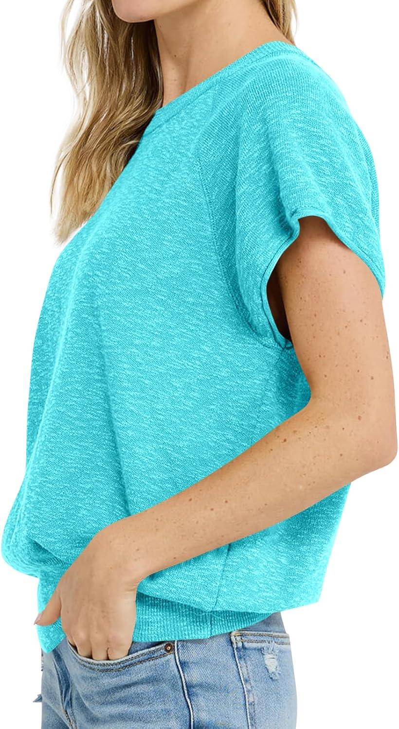 imageSaodimallsu Womens Short Sleeve Crewneck Sweater Summer Tops Casual Loose Knit Lightweight Basic Pullover ShirtsLight Blue