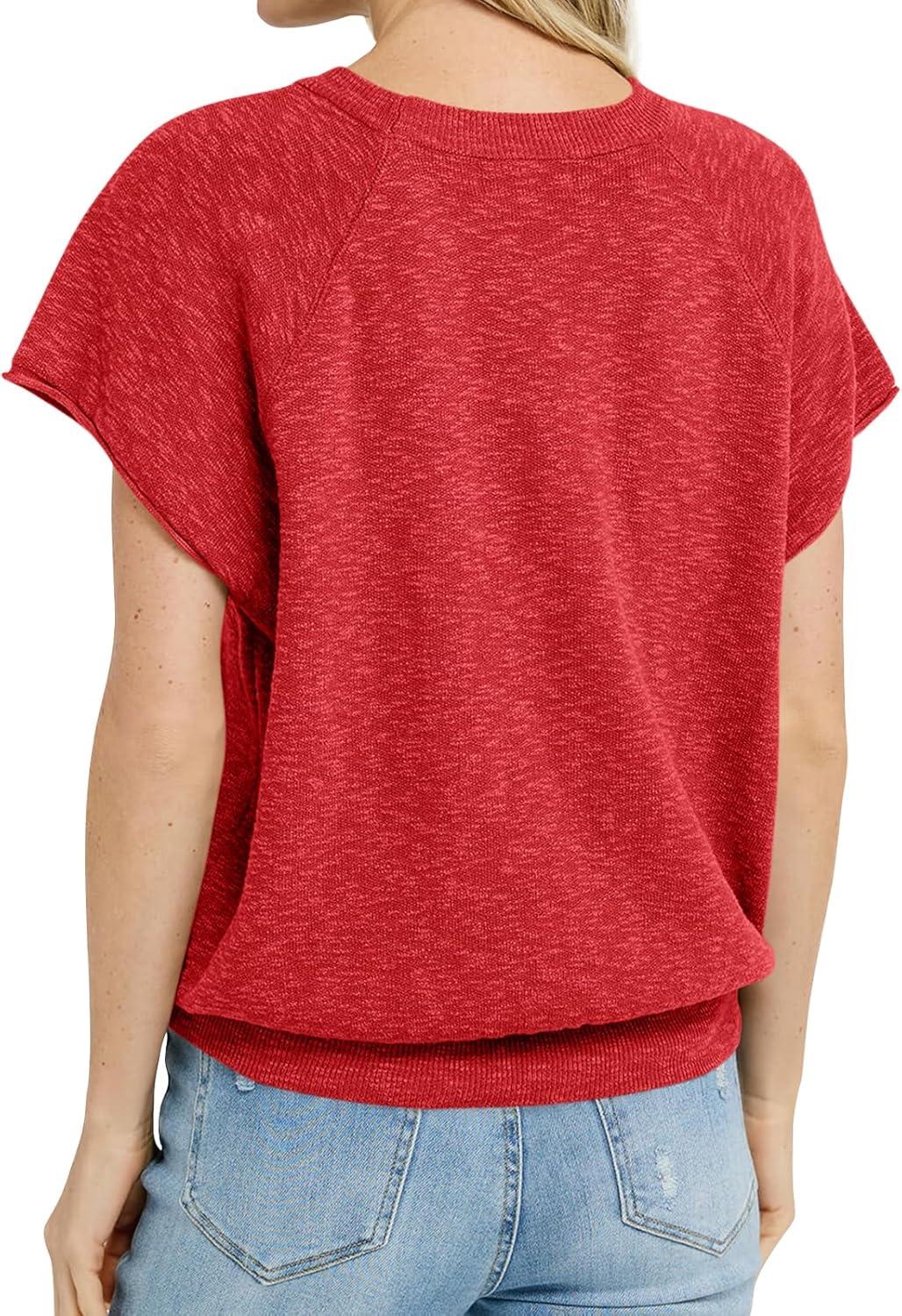 imageSaodimallsu Womens Short Sleeve Crewneck Sweater Summer Tops Casual Loose Knit Lightweight Basic Pullover ShirtsRed