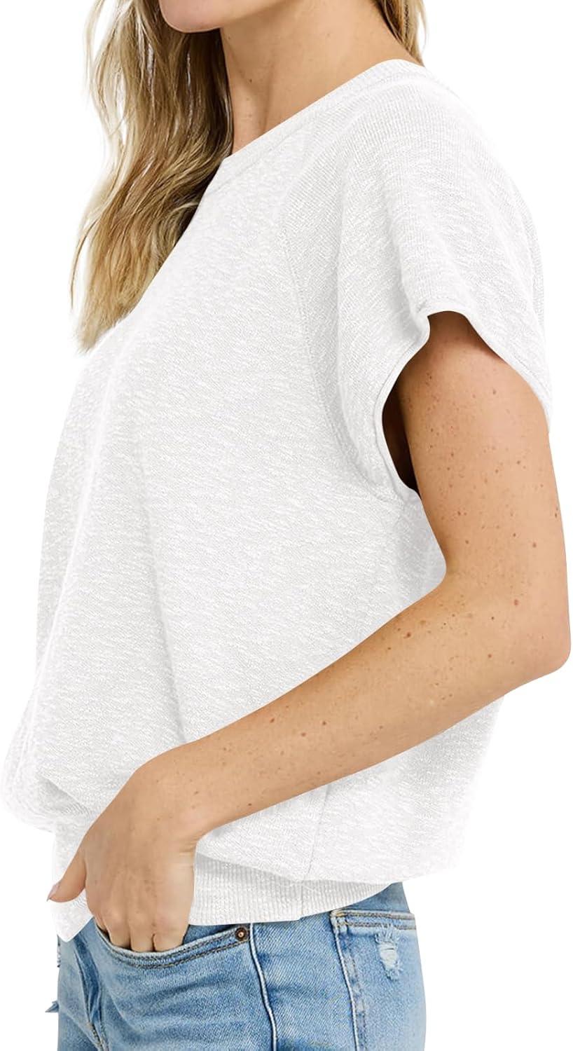 imageSaodimallsu Womens Short Sleeve Crewneck Sweater Summer Tops Casual Loose Knit Lightweight Basic Pullover ShirtsWhite