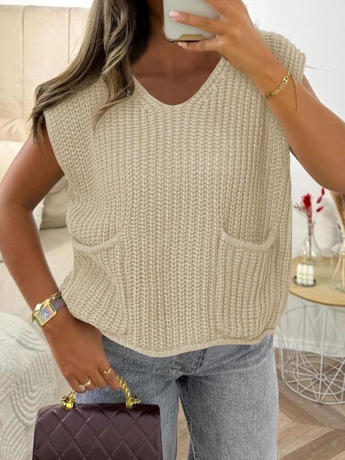 imageSaodimallsu Womens Summer Cap Sleeve Tops V Neck Chunky Knit Oversized Going Out Casual Cropped SweaterKhaki