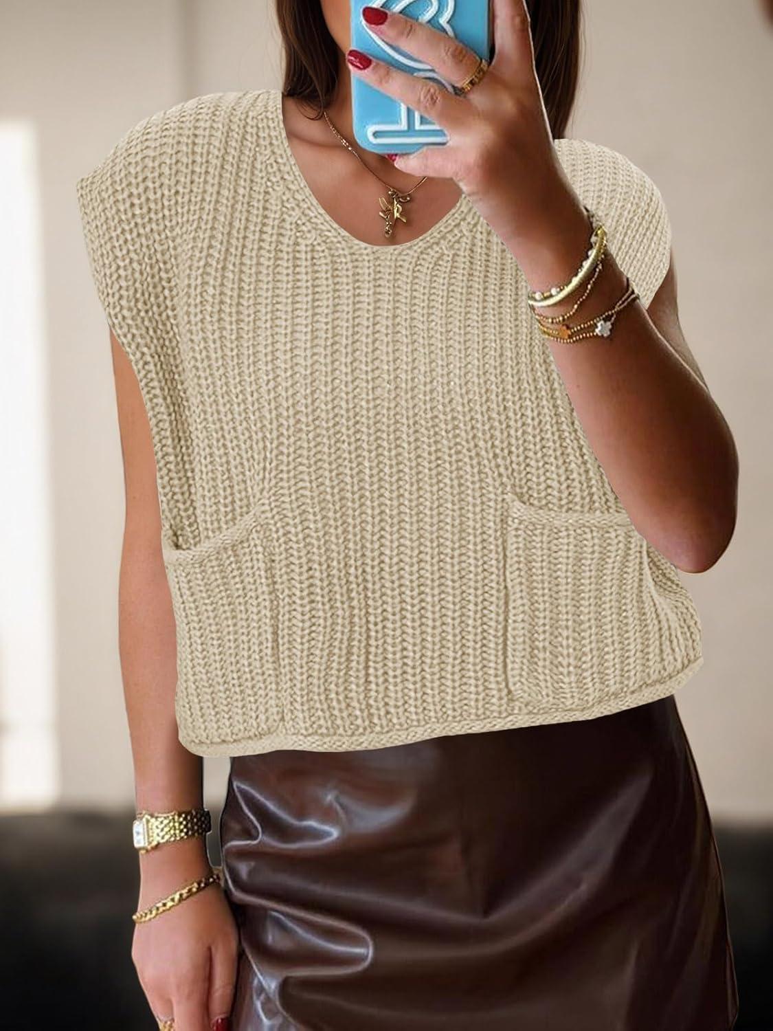 imageSaodimallsu Womens Summer Cap Sleeve Tops V Neck Chunky Knit Oversized Going Out Casual Cropped SweaterKhaki