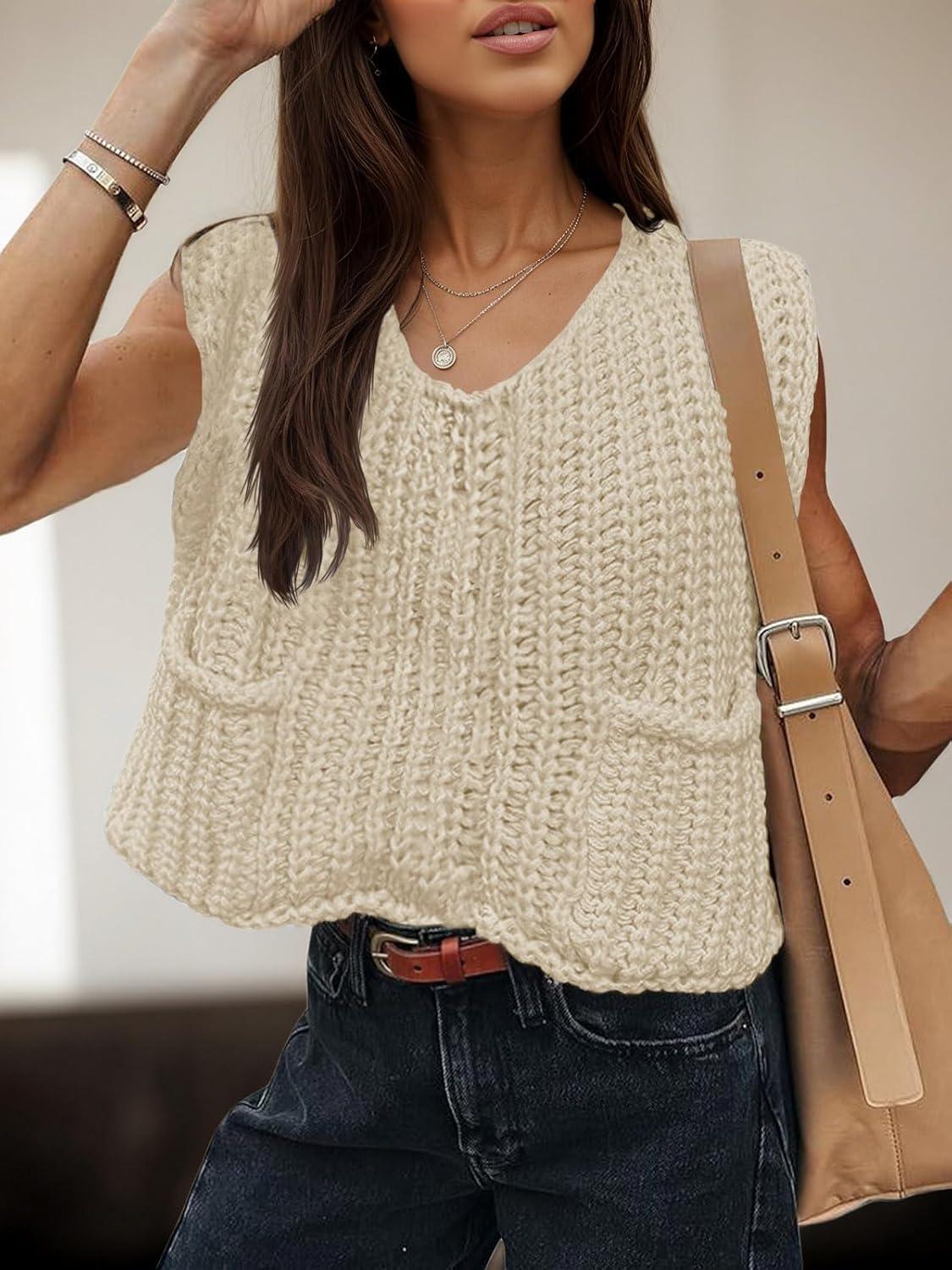 imageSaodimallsu Womens Summer Cap Sleeve Tops V Neck Chunky Knit Oversized Going Out Casual Cropped SweaterKhaki