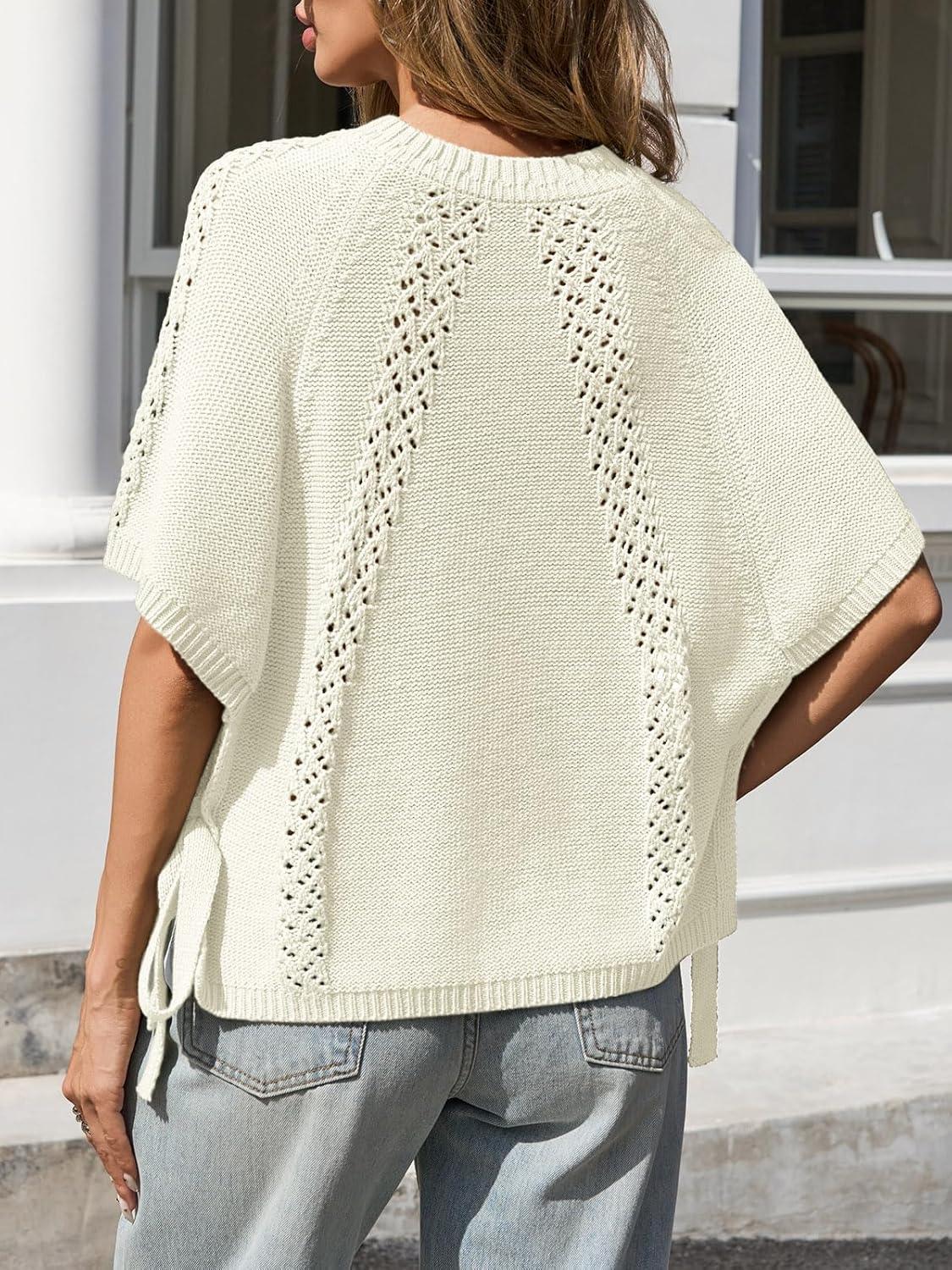 imageSaodimallsu Womens Summer Crochet Sweaters Batwing Cap Sleeve Cable Knit Crewneck Side Tie Casual Pullover TopsWhite