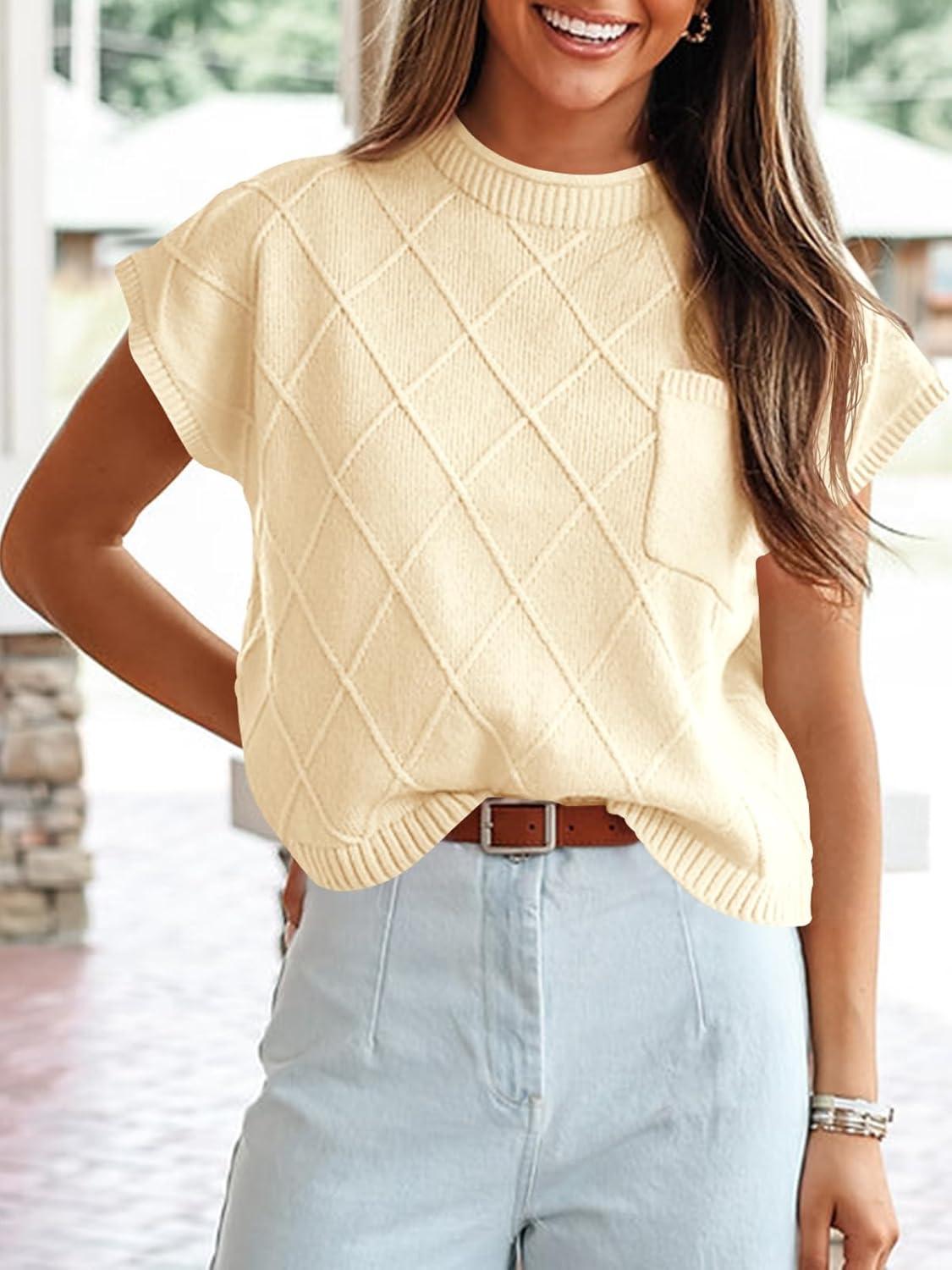 imageSaodimallsu Womens Summer Mock Neck Sweater Cap Sleeve Lightweight Sweater Vest Casual Loose Knit Pullover Tank TopsApricot